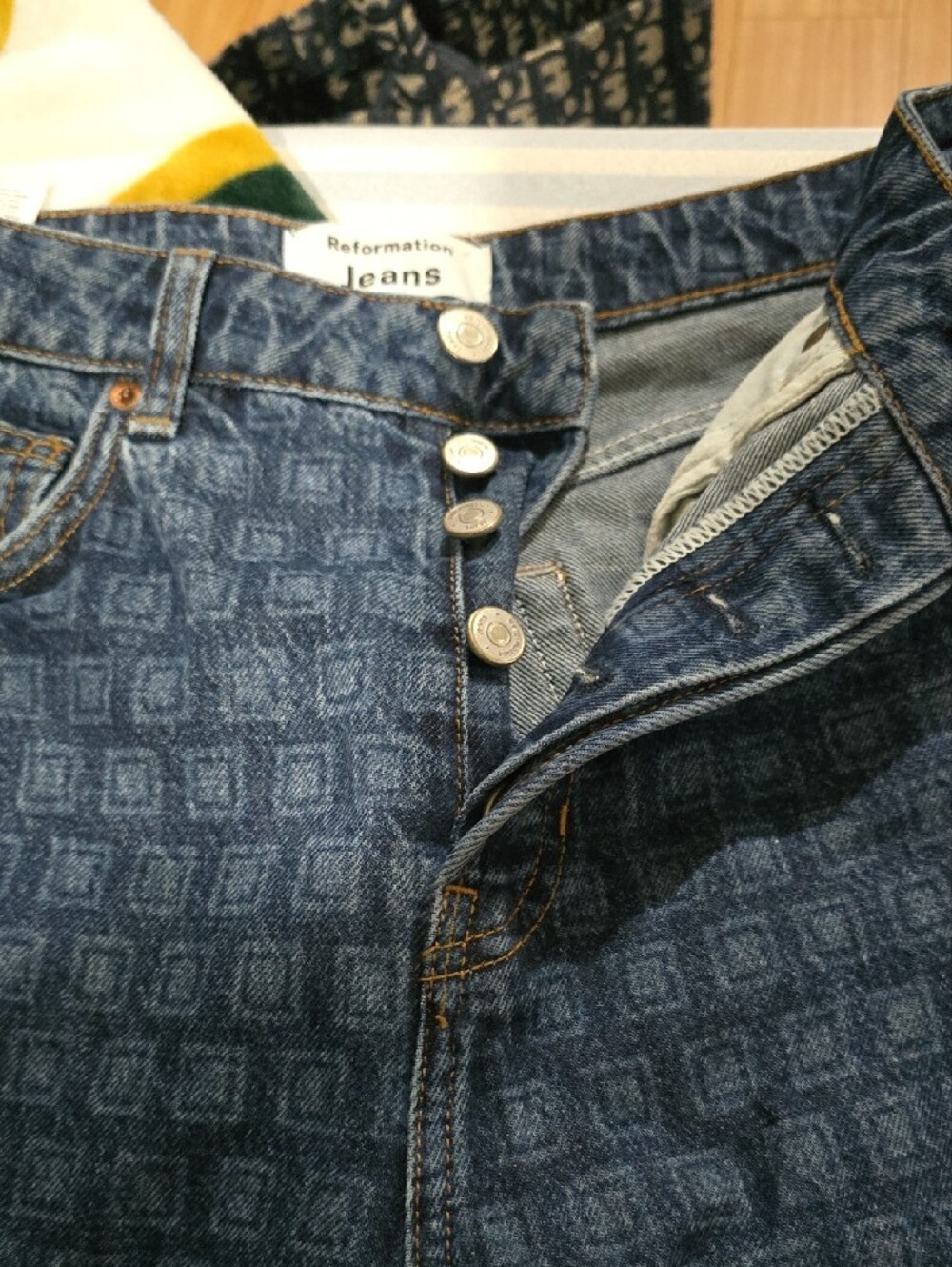 Reformation Dark Blue Straight Leg Jeans with Subtle Geometric Print